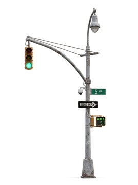 New york city street traffic light pole isolated on white background