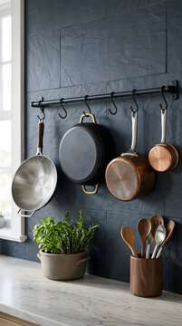Set of kitchen cookware and professional knives hanging on a dark wall