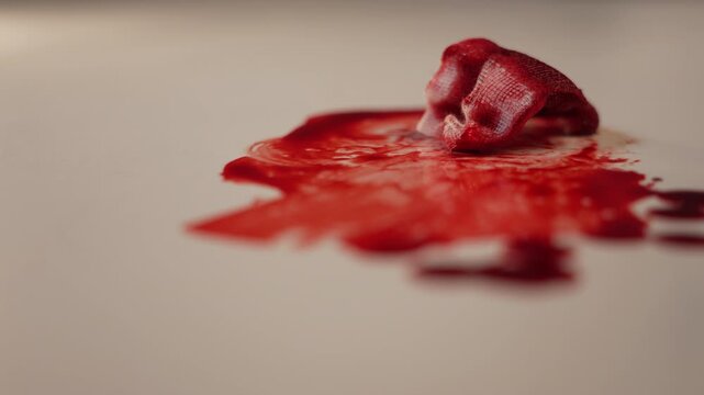 Dropping bloody gauze and cotton swab into blood pool using green forceps, extreme close up side view, clinical biohazard waste concept⁠