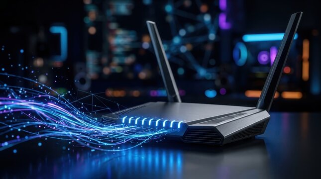 Modern wireless Wi-Fi router with glowing blue LED lights transmitting high speed internet data streams represented by abstract fiber optic light waves in dark high tech room