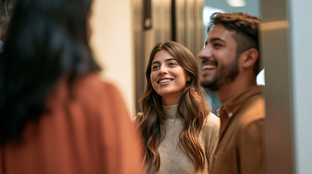 Smiling Colleagues Having Informal Conversation by Modern Office Elevator