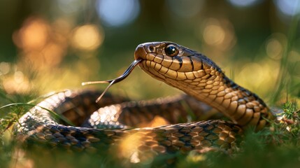Naklejka premium Close-up of a snake with a patterned body and flicking tongue resting on green grass in a natural outdoor setting with soft bokeh background