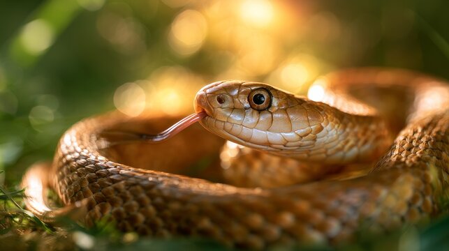Close-up of a golden-brown snake with a flicking tongue resting on green grass, illuminated by soft sunlight creating a blurred background effect