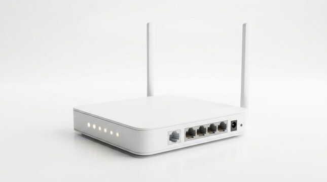 Modern white wireless wi-fi router with two antennas and ethernet ports on a clean white reflective background, representing broadband internet connection and home network hardware.