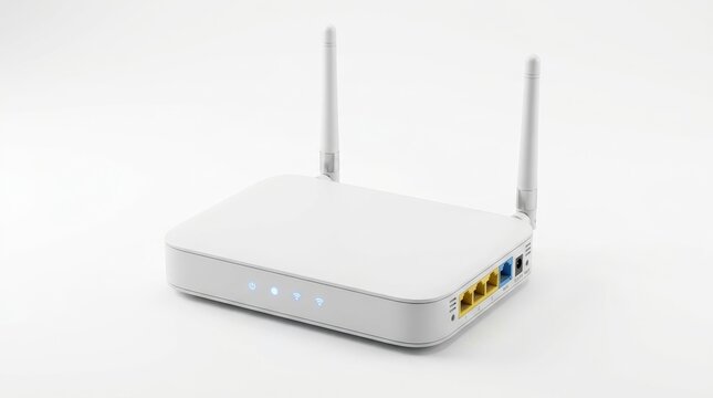 White wireless Wi-Fi router with two external antennas and glowing blue LED status lights, featuring yellow LAN ports and blue WAN port on a seamless white background.