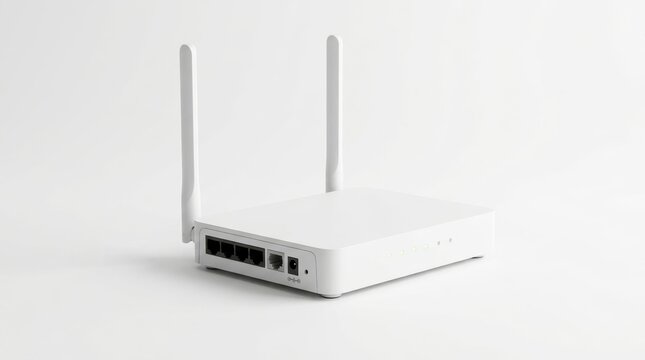 Modern white wireless wifi router with dual antennas, Ethernet LAN ports, and green LED indicator lights, isolated on a clean white background for network connectivity concepts.