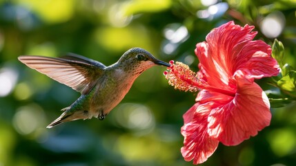 Fototapeta premium Hummingbird hovering near vibrant red hibiscus flower with green foliage in the background, showcasing intricate details of wings and petals in natural sunlight