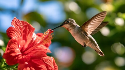 Fototapeta premium Hummingbird hovering near vibrant red hibiscus flower, with blurred green foliage and soft bokeh background creating a natural garden setting