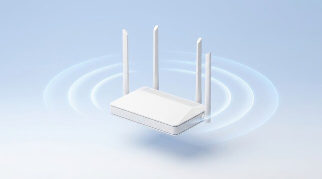White wireless wifi router with four antennas floating on a light blue background, emitting blue concentric signal waves for fast internet connection and high-speed home network.
