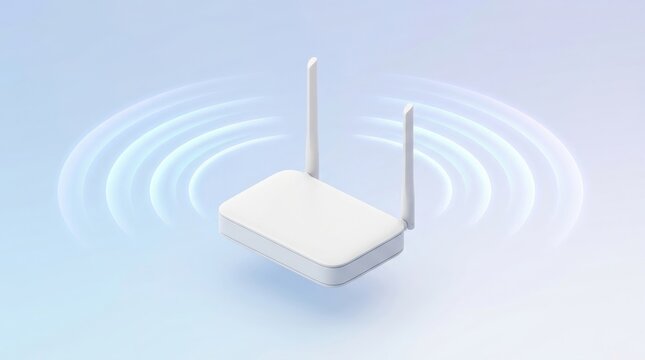 White wireless router with two antennas emitting blue signal waves representing high-speed internet connection, isolated on a clean minimalist gradient background
