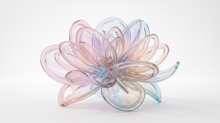 Fototapeta premium Glass flower sculpture featuring delicate translucent petals glows softly with iridescent pastel colors.