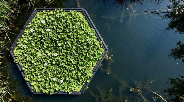Floating hexagonal aquatic plant island for algae control on a pond surface.