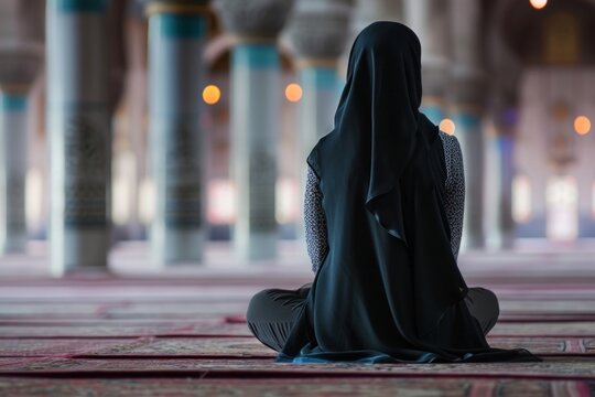 Muslim woman sitting and praying in Mosque adult spirituality architecture.