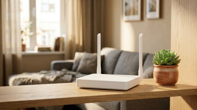 White wireless Wi-Fi router with two antennas sitting on a wooden shelf next to a small potted succulent in a cozy living room interior with a grey sofa and warm sunlight.