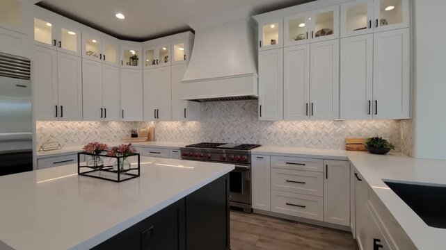 Modern white kitchen with central island and stainless appliances