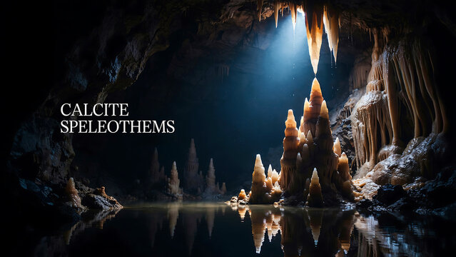 Stalagmites and stalactites growing in a dark subterranean limestone cave interior