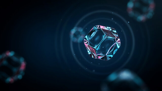 Glowing crystal dodecahedron shapes floating in a dark digital space environment