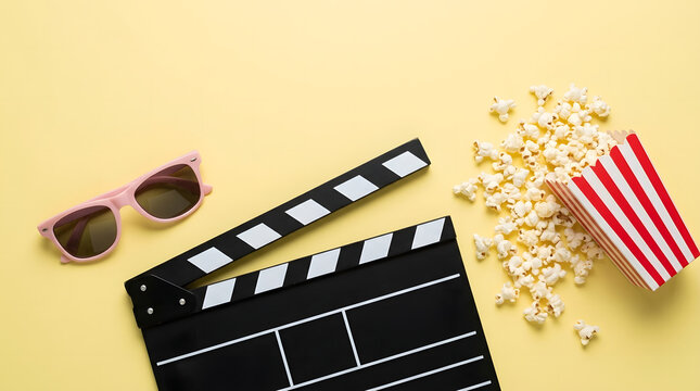 Movie clapperboard sunglasses and popcorn on yellow background flat lay