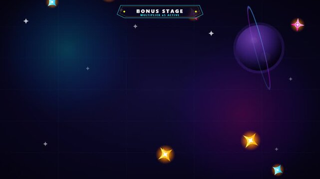 Retro arcade space game bonus stage loop with glowing stars and a purple ringed planet