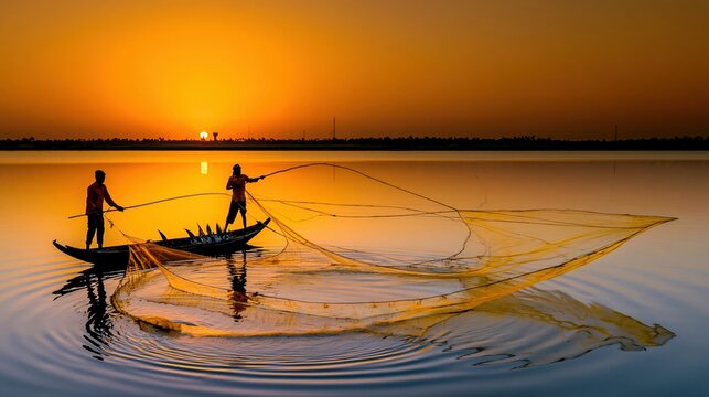 Two fishermen cast a net from a boat on a tranquil lake during a vibrant sunset.