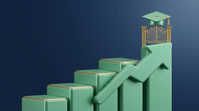 Green 3d bar graph upward trend with a graduation cap icon on top against dark blue background symbolizing higher education cost and academic career growth
