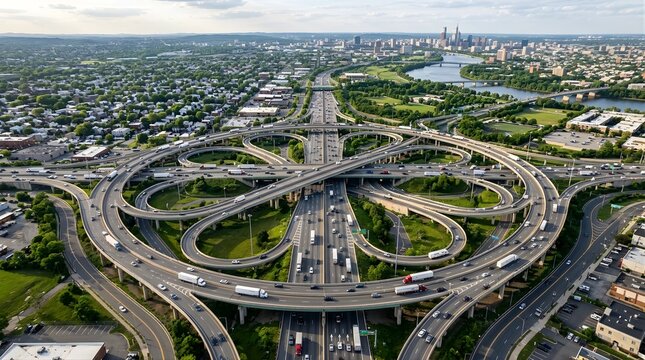 Aerial view of a large complex cloverleaf highway interchange in Philadelphia