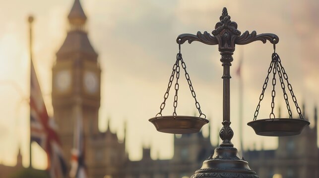 Symbol of justice with iconic landmark backdrop.