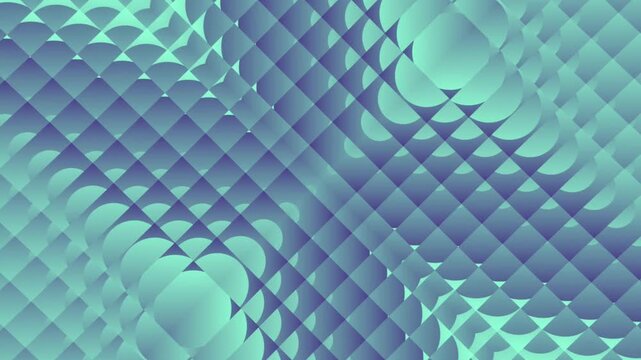 Hypnotic seamless 3D loop with a diagonal pattern of transforming rhombuses and spheres. A soothing mint to purple gradient creates a modern kinetic optical illusion for stylish tech backgrounds