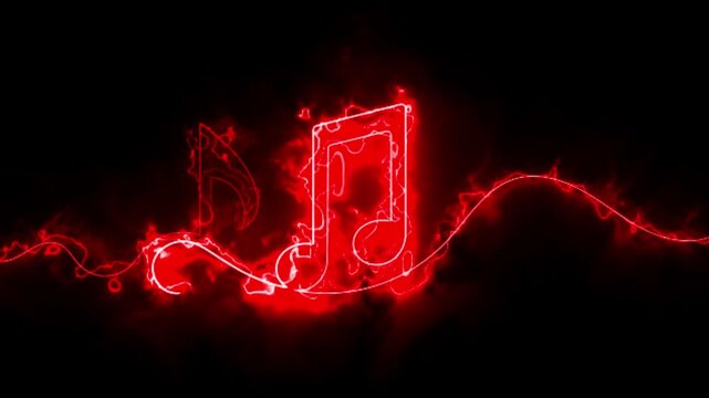 Showing glowing red neon music notes and electric lines pulsing on a dark background. Motion graphics animation.