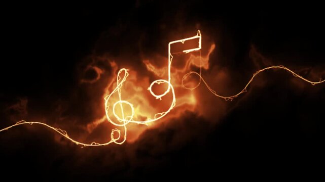 Showing glowing red neon music notes and electric lines pulsing on a dark background. Motion graphics animation.