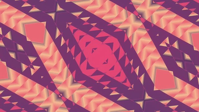 Striking 2D animation with a complex geometric pattern. Warm peach and pink rhombuses rhythmically pulse against a deep magenta background. A seamless abstract loop for stylish digital design