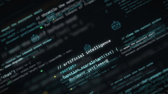 Artificial intelligence code background at an angle, with chatbot robot icons, script comments, and shallow depth of field, on dark teal