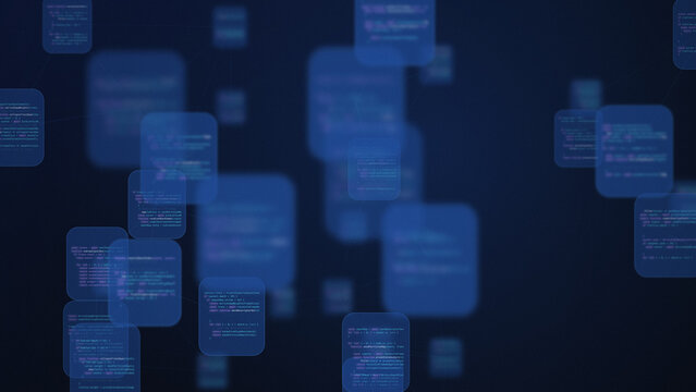 Floating code panels and script cards receding into depth, on a dark blue background, for software development and cloud computing themes