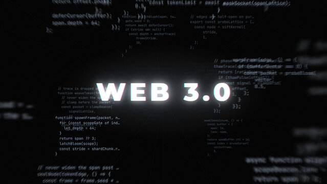Web 3.0 glowing title text with chromatic glitch, over blurred programming code on a black background, for blockchain and decentralised web themes