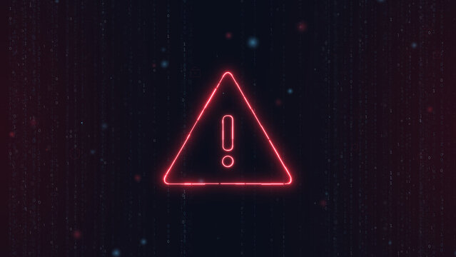 Red neon warning triangle with an exclamation mark, over falling binary code rain, on a dark background, for cybersecurity alert themes