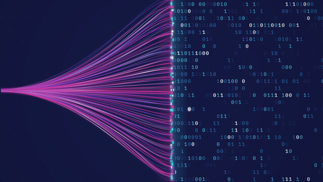 Pink and purple fibre optic light streams converging into a wall of binary code, on a dark blue background, for data transfer themes