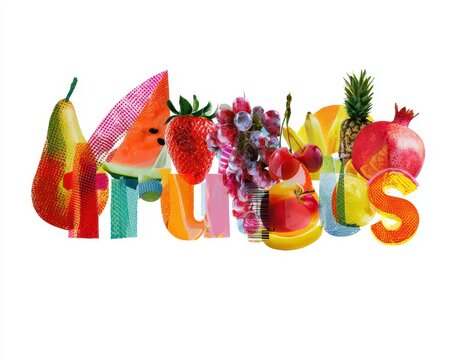 Creative collage spelling fruits made of various colorful fruits isolated on white background