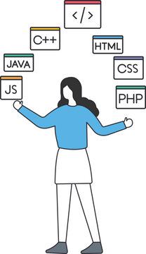 Female developer programming languages web development software engineering coding skills technology stack IT professional computer science multitasking concept career choice full stack developer