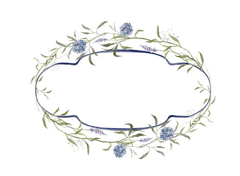 Hand-painted watercolor horizontal oval frame with blue hydrangea, sage willow leaves and lilac sprigs over staggered geometric glitch blocks on white background. Empty center copy space.