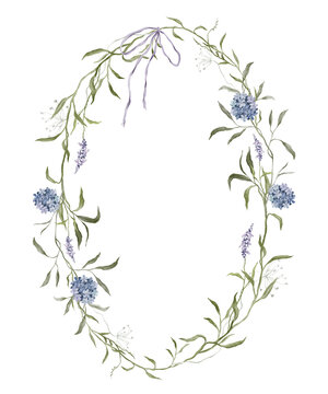 Watercolor oval wreath with delicate arrangement of purple lavender and blue hydrangea blossoms tied together with a light purple ribbon. Botanical frame with hand drawn illustrations. Flora design