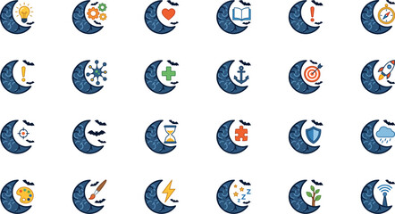 Fototapeta premium Crescent moon icons with various symbols flat vector illustration