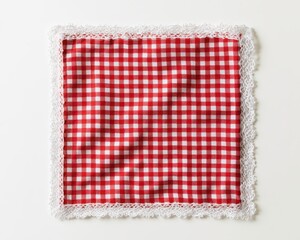 Fototapeta premium Red and white checkered fabric napkin with delicate lace trim isolated on white background