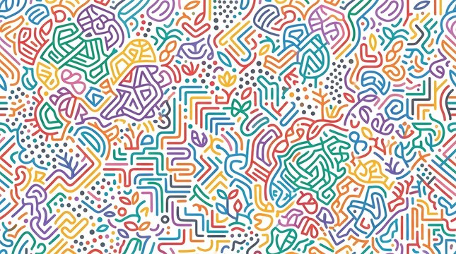 Intricate colorful abstract maze pattern with winding lines and playful geometric details.