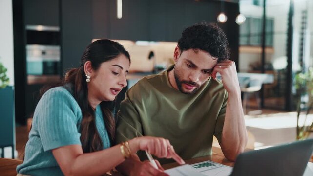 Couple, argue and stress in house with documents, bills and credit score data for financial crisis. Married people, talk or conflict in home with paperwork, missed payment or debt stats for liability