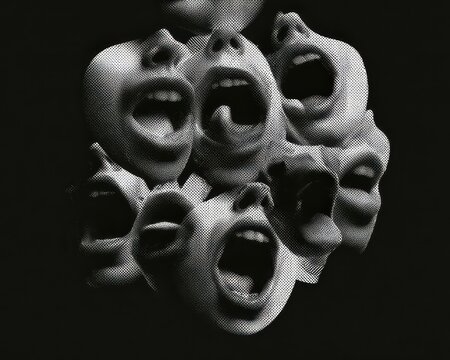 Surreal artistic composition of human mouths and noses in halftone black and white style floating in a dark void