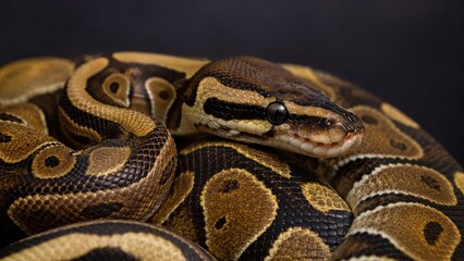 Obraz premium Close-up of a coiled ball python (royal python) showing textured scales, brown and yellow pattern, glossy eye, and detailed head in tight framing