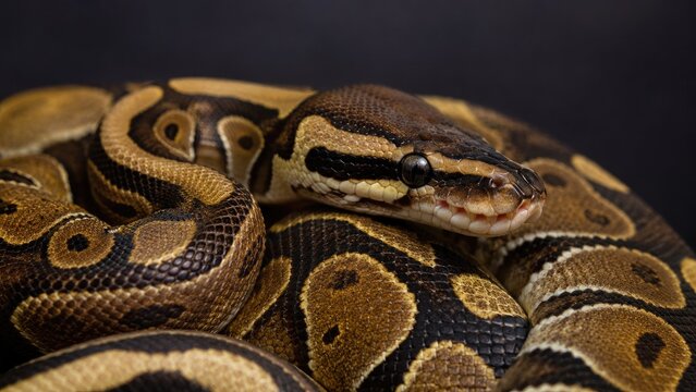 Close-up of a coiled ball python (royal python) showing textured scales, brown and yellow pattern, glossy eye, and detailed head in tight framing