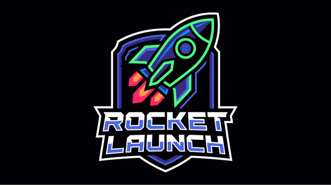 Neon style rocket launch badge logo design isolated on a black background.