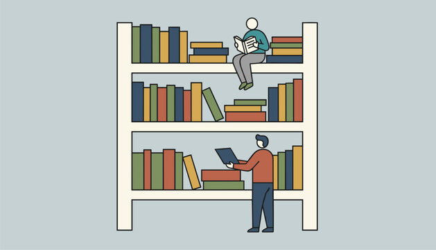Two avid readers explore a giant wooden bookshelf, with one sitting on top reading and the other browsing below.