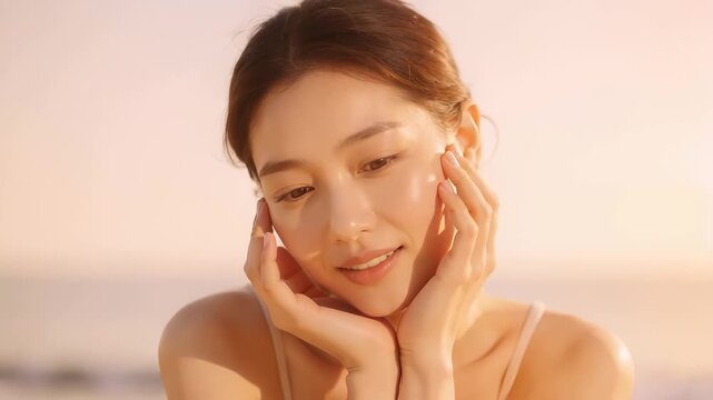 Beautiful young Asian woman smiling outdoors during golden hour sunset
